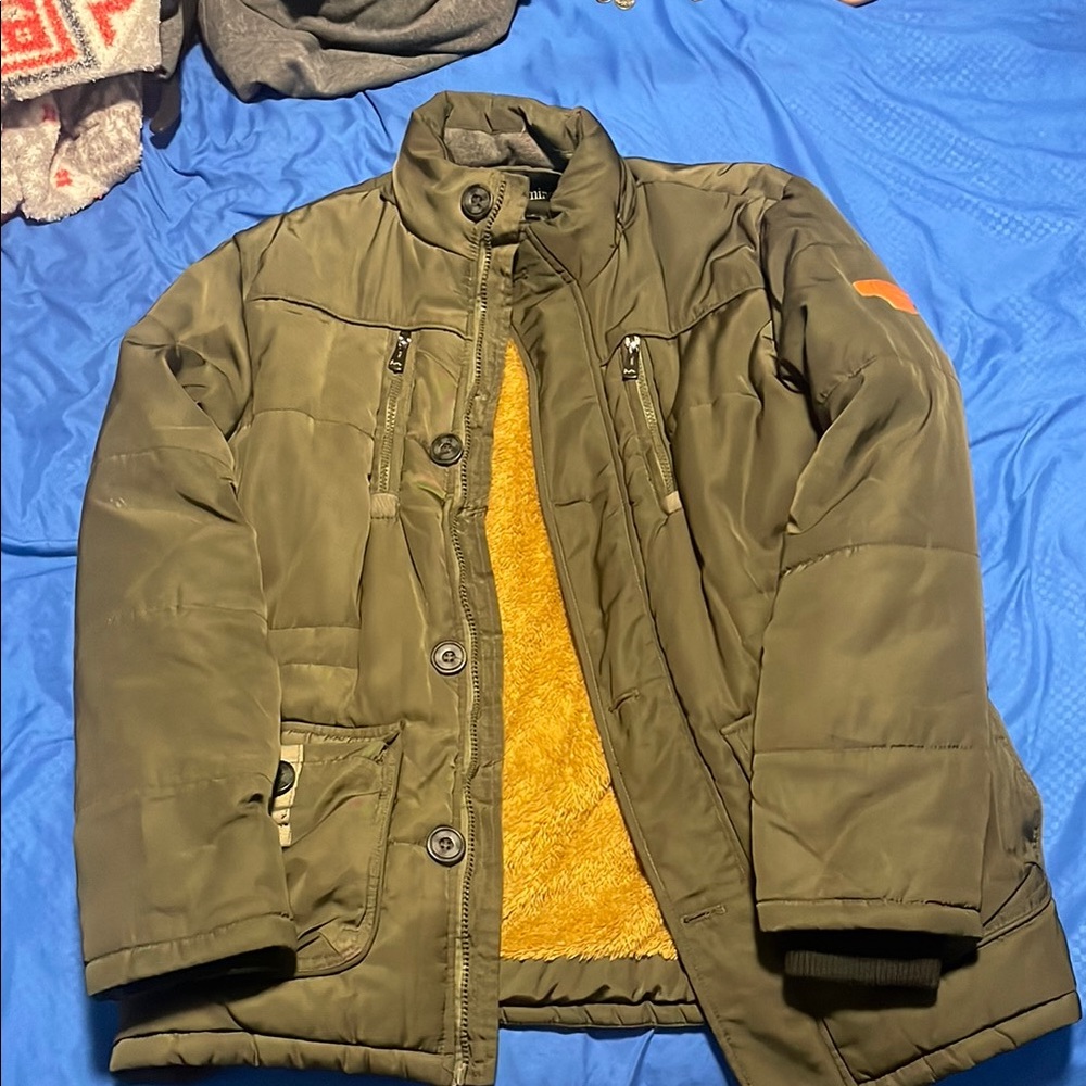 Olive Green Puffer Jacket with Orange Lining